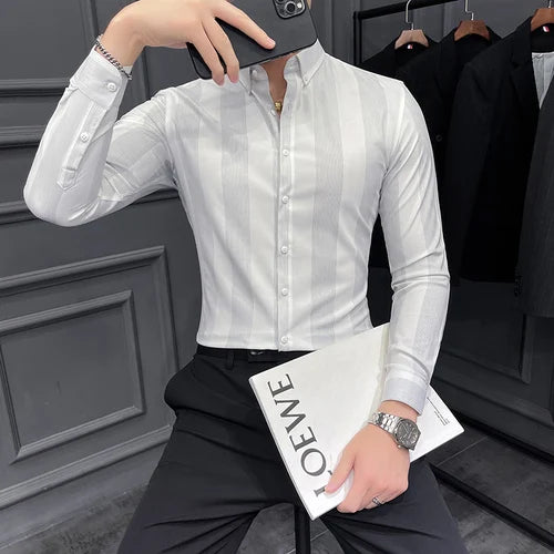 Hehope Autumn New Striped Long Sleeve Shirt Men's Korean Slim Business Dress Shirts Casual Streetwear Social Party Tuxedo Chemise Homme