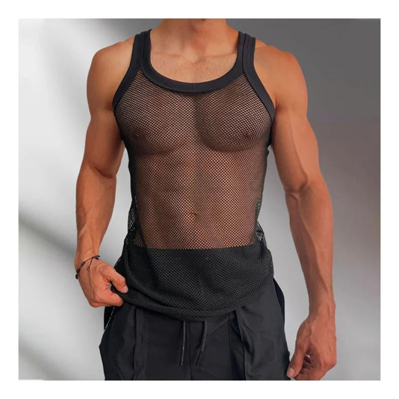 Hehope Men's Sexy Mesh Casual Vest Summer Beach Cutout Mesh T-shirt Comfortable Breathable Cool Men's Vest Muscular Men Tight Vest