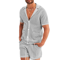 Hehope Sexy See Through Hollow Out Mesh Knit Two Piece Suits Men Summer Fashion Short Sleeve Shirts And Shorts Sets Mens Outfits Beach