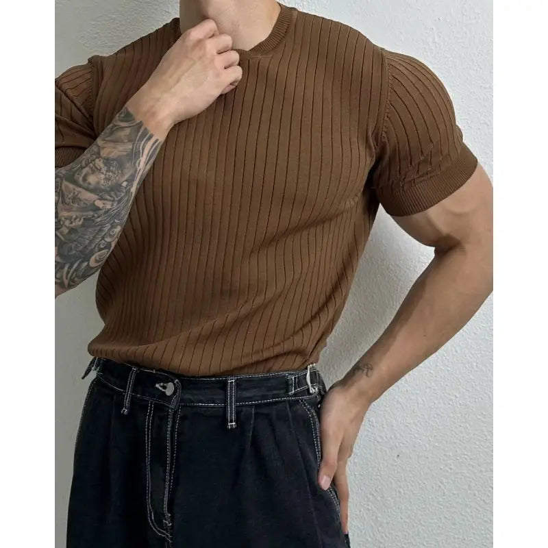 Hehope Korean Clothing Men Slim Knitted T-Shirts New Summer Thin Cool Feeling Breathable Streetwear Fashion Short Sleeve Versatile Tops