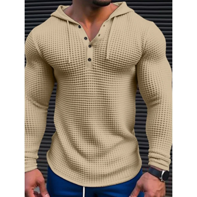 Hehope 2024 Man Solid Color Slim Fit Long Sleeve Thin hoodie Men's Henley Neck Breathable Sports Shirt Waffle Cotton Casual Long Sleeve