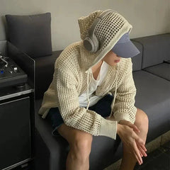 Hehope Vintage Knit Mesh Coat for Men Hole Hooded Cardigan Long Sleeve Tee Male Casual Autumn Japanese Streetwear Hip Hop