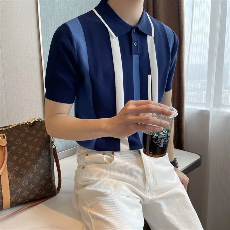 Hehope 2024 Summer Fashion Trend British Style Casual Business Polo Collar Stripe Contrasting Ice Silk Short Sleeved T-shirt for Men