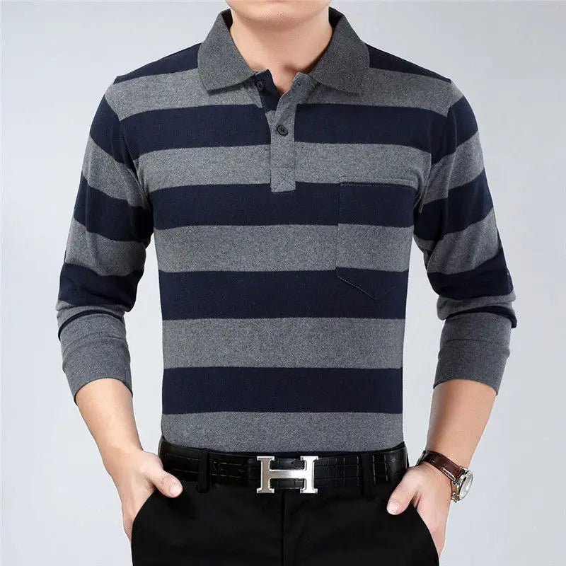 Hehope Fashion Men New Business Striped Polo Shirts Korean Spring Autumn Casual Long Sleeve Lapel Pockets Male Clothes Cotton Tops