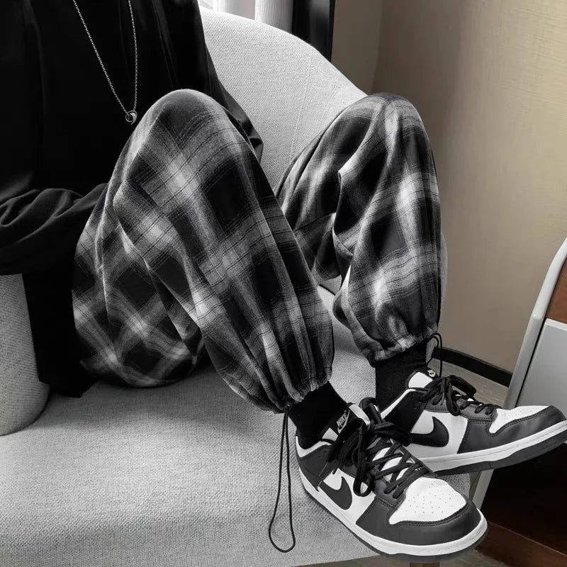 Hehope Plaid Pants Men Fashion Retro Color Contrast Casual Pants Men Streetwear Loose Hip-hop Straight Pants Mens Trousers M-3XL