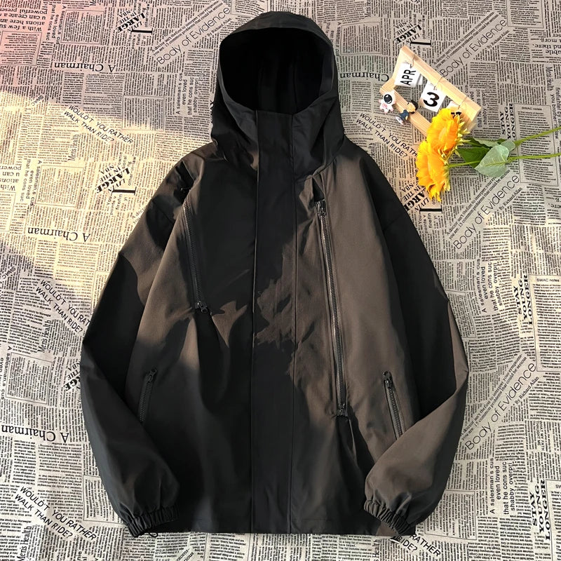 Hehope Fashion Oversized Jackets Men Waterproof Hooded Windbreaker Zipper Tactical Outerwear Coats Hip Hop Streetwear Clothes Black Red