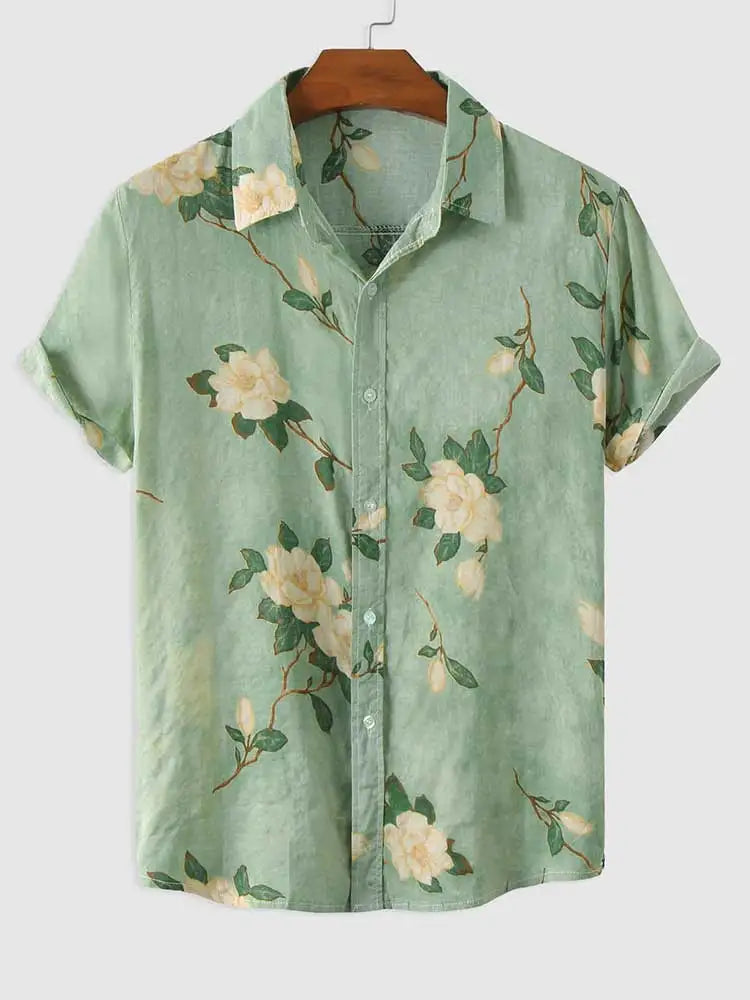 Hehope Shirts for Men Flowers Pattern Short Sleeves Blouses Summer Streetwear Shirt Casual Button Loose Tops Hawaiian Style