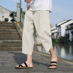 Hehope Cotton and Linen Capri Pants Men's Summer Thin Linen Pants Casual Beach Pants Men's Pants Shorts