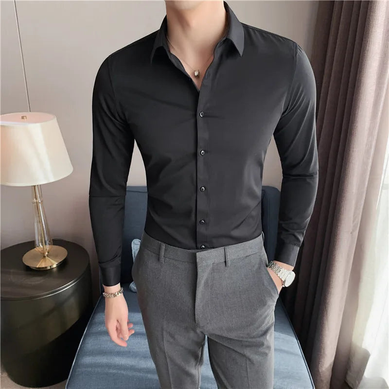 Hehope Men Long Sleeve Shirt New British Style Solid Casual Slim Fit Camisas Y Blusas Formal Dress Chemistry Homme Men Clothing