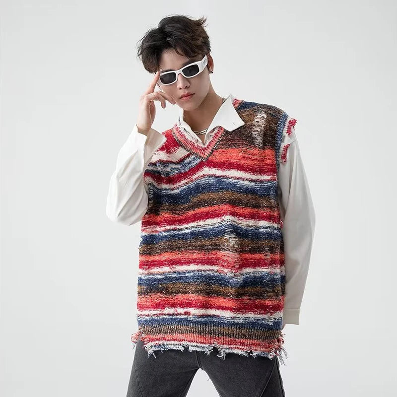 Hehope Vintage Gradient Stripe Baggy Knitted Sweater Vest Washed Ripped Red Sweater Tank Top Y2k Tie Dyeing V-Neck Sleeveless knitwear