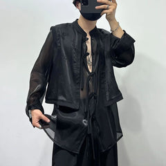 Hehope Mens Autumn Winter Dark Sexy See-Through Fake Two-Piece Vest New Fashion Printed Stitching Hollow Stand-Up Collar Shirt Unisex