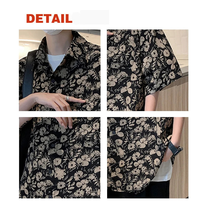 Hehope 2024 Summer Short Sleeve Shirt Men Casual Flower Print Turn Down Collar Shirts for Men Streetwear Fashion Clothing Men