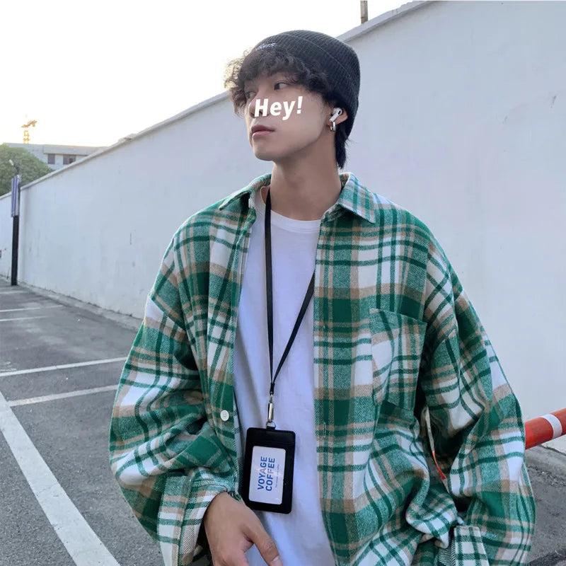 Hehope Autumn Thick Woolen Shirt Men Fashion Retro Casual Oversized Plaid Shirts Mens Korean Blue/Green Loose Long-sleeved Shirt Men