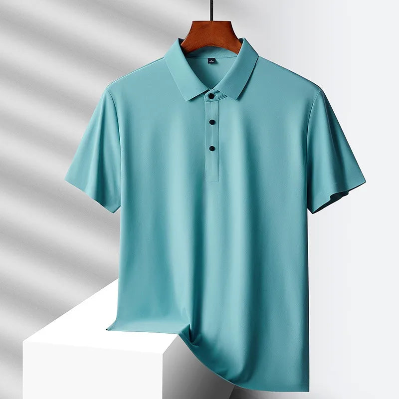 Hehope Summer Ice Silk Quick Drying Loose Polo Shirt Middle Aged Men's Solid Lapel Button Simple Versatile Casual Thin Short Sleeve Top