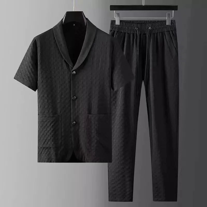 Hehope Fashion Men's Two Piece Sets Spring Summer Casual Short Sleeve Shirts Pants Suit Solid Geometry Pattern Printed Outfit Men