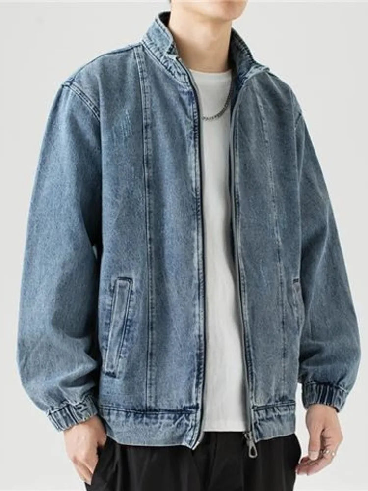 Hehope Stand Collar Denim Jacket Men Casual Autumn Zip Closure Jacket Coat Loose Baggy Blue Retro Jacket Man Fashion Clothing