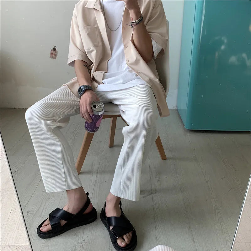 Hehope Summer Ice Silk Pants Men Fashion Solid Color Casual Pants Men Japanese Streetwear Korean Loose Pleated Pants Mens Trousers