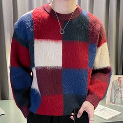 Hehope Plaid Contrasting Color Stitching Print Knitted Sweater Men Pull Homme O-Neck Pullover Korean Sweater Color Fall Winter Sweater