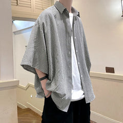 Hehope Told Tale HIP HOP Streetwear Casual Plaid Shirt Men'S Half Sleeve High Quality Loose Spring Summer Fashion Chemise Homme