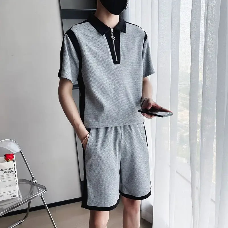 Hehope Plain Male Polo T Shirt Shorts Sets Korean Style Top Elastic Sweatshirt High Quality New In Matching Cool Loose Clothes for Men