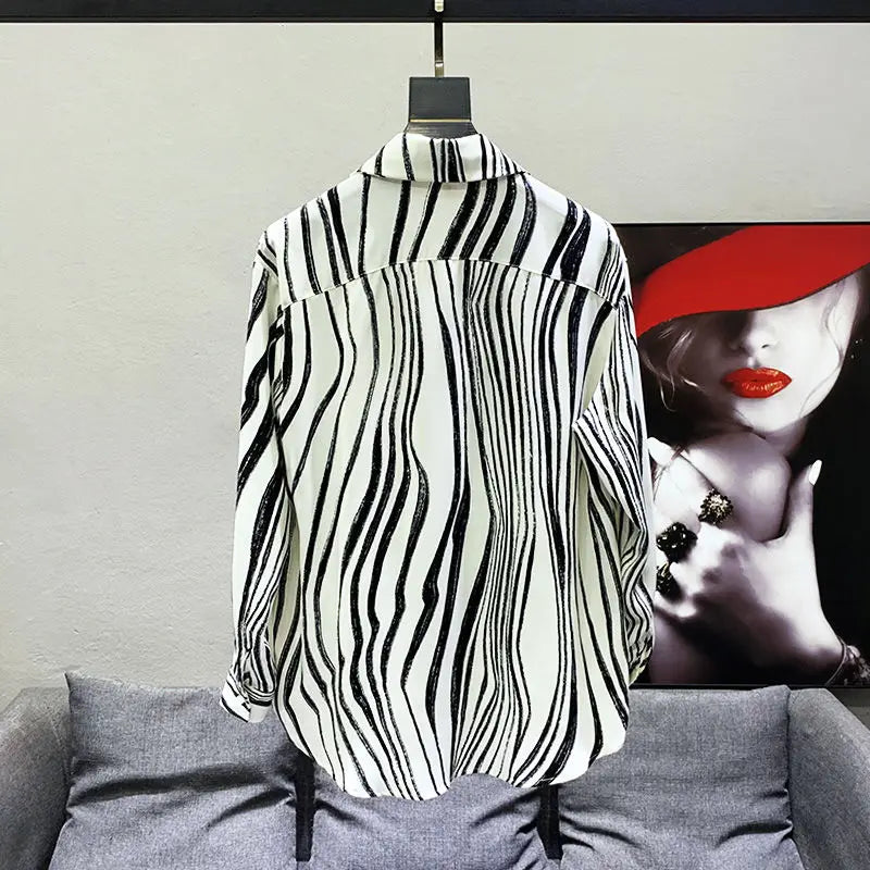 Hehope 2024 Spring and Summer Fashion Trend Korean Edition Polo Collar Zebra Print Loose Casual Versatile Long Sleeved Shirt for Men