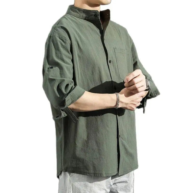 Hehope Solid Colors Long Sleeve Shirts Chinese Style Wear Stand Collar Loose 100% Cotton White Black Shirt Short Sleeve Shirt M-5Xl