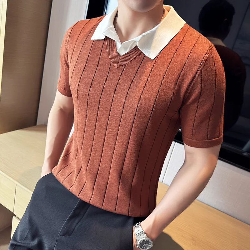 Hehope Korean Style Mens Knitted Polos Shirts Fake Two Piece Contrast Collar Striped Summer Short Sleeve Casual Slim Fit Tops Tees Man