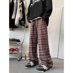 Hehope England Style Red Plaid Pants Men's Trousers Spring Autumn Drape Straight-leg Pants Loose Comfortable Home Casual Pants