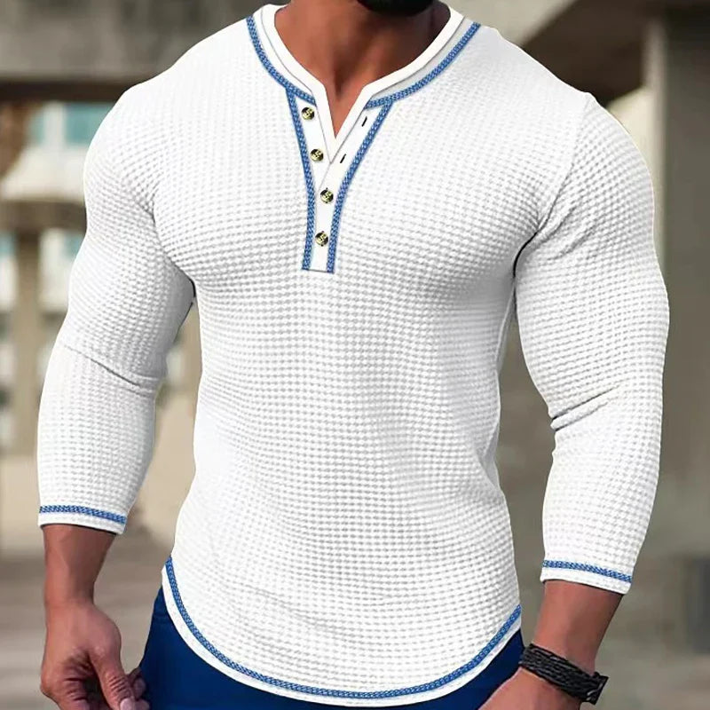 Hehope Men's Waffle Henry Neck Button T-shirt Tops Vacation Long Sleeve Casual Fashion Patchwork Color Slim Fit Muscle Men Tshirts