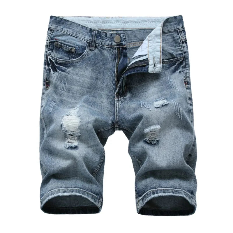 Hehope Summer New Style Cotton Denim Shorts Men Elastic Straight Slim Fit Casual Short Jeans Male Solid Retro Blue Ripped Shorts