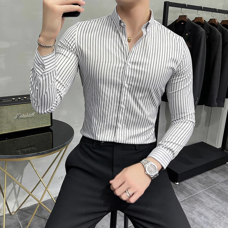 Hehope Mens Striped Shirts Spring New Long Sleeve British Style Solid Color Casual Long Sleeve Dress Shirts Brand Mens Clothing