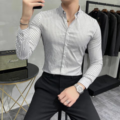 Hehope Mens Striped Shirts Spring New Long Sleeve British Style Solid Color Casual Long Sleeve Dress Shirts Brand Mens Clothing