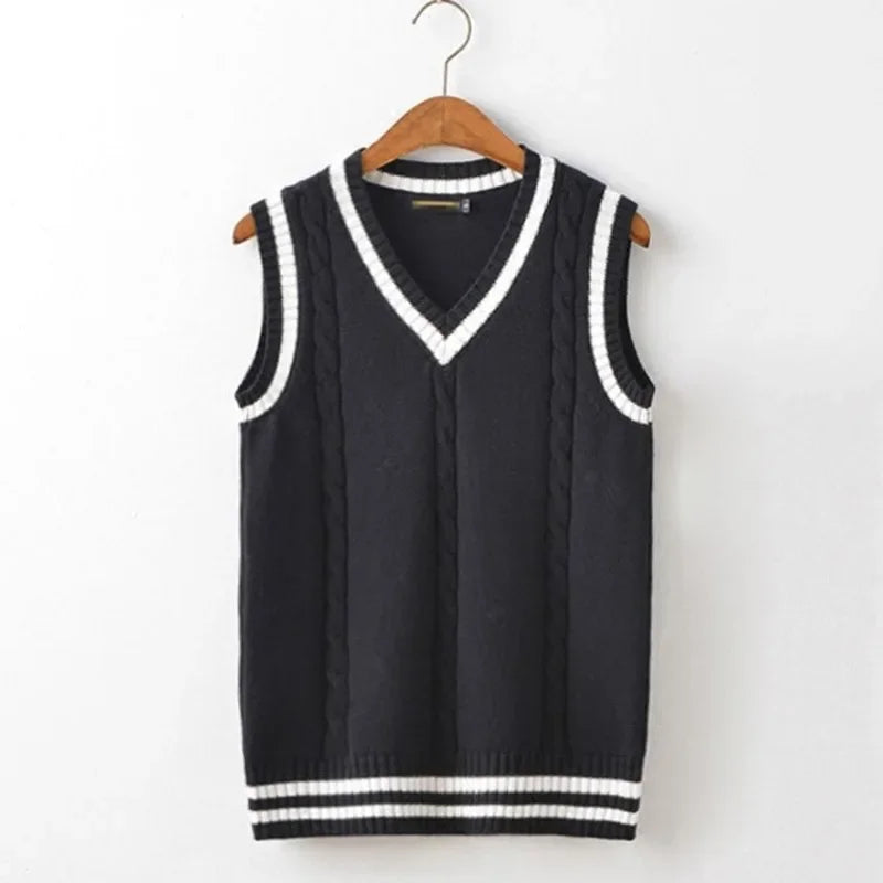 Hehope Knitted Sweaters for Men Striped V Neck White Vest Man Clothes Sleeveless Waistcoat A Sweatshirts Street Y2k Streetwear Cotton S