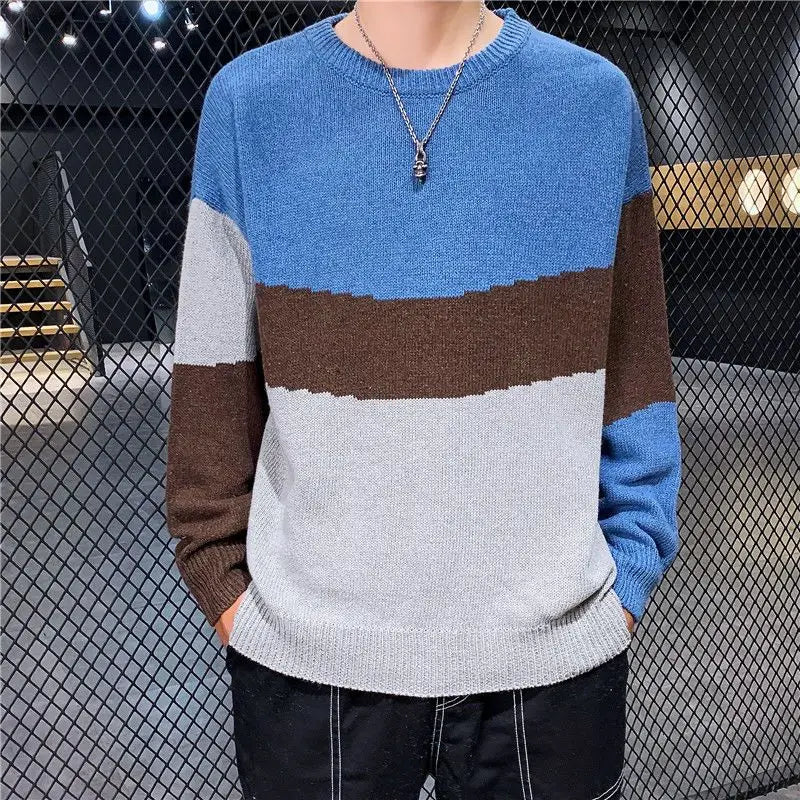 Hehope Knit Sweater Male Crewneck Pullovers Men's Clothing Blue Striped Round Collar Elegant Japanese Retro New in Free Shipping Cheap