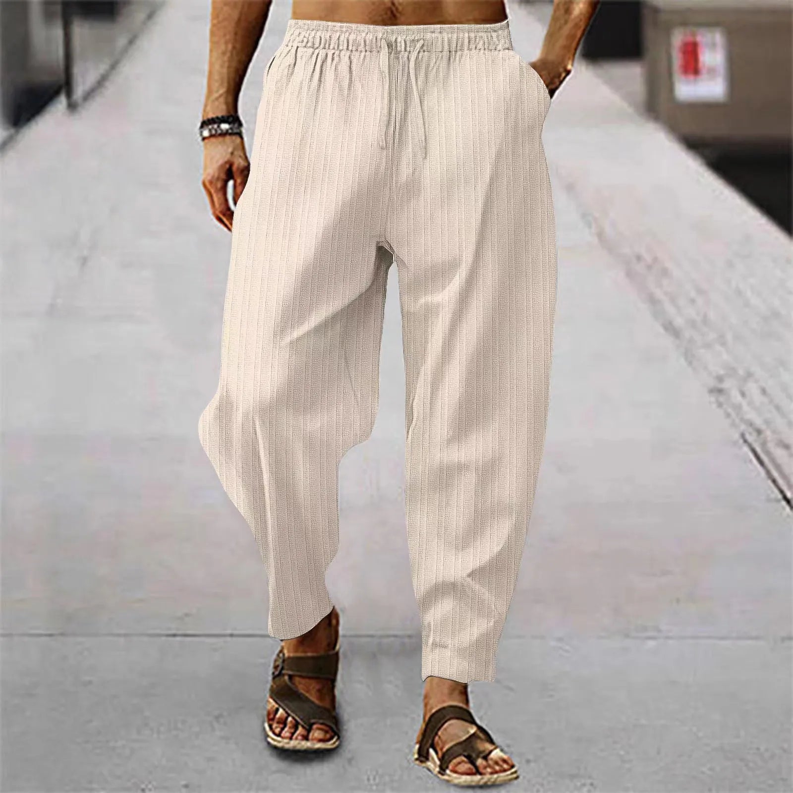 Hehope New Spring Summer Men's Stripe Cotton Linen Pants Solid Color Fashion Casual Loose Hip Hop Breathable Trousers Streetwear S-3XL