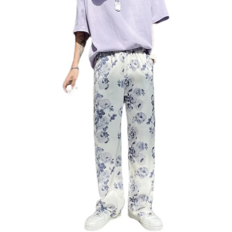 Hehope Summer Flower Pants Men Oversized Printed Wide Leg Pants Men Streetwear Korean Loose Straight Casual Pants Mens Trousers M-3XL