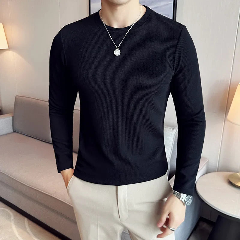 Hehope Winter Warm Thickened High Elastic T-shirt Men Long Sleeve Round Neck T-shirt Solid Casual Slim Fit White Black T-shirt