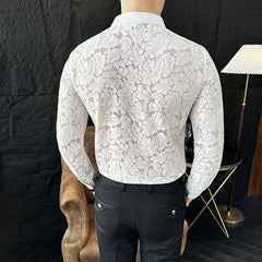 Hehope 2024 Spring Flower Hollow Out Shirt for Men Long Sleeve Solid Color Slim Casual Shirts Social Party Tuxedo Blouse Men Clothing