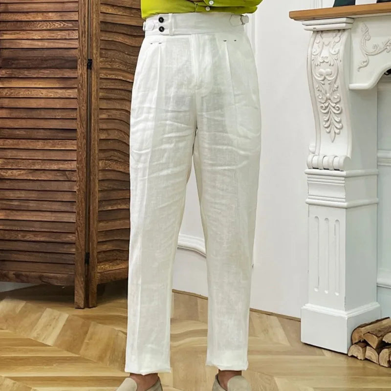 Hehope Linen Straight Leg Pant Naples High Waist Suits Retro Casual Pant British High Waist Pants Office-trouser Men Dress Pant Trouser