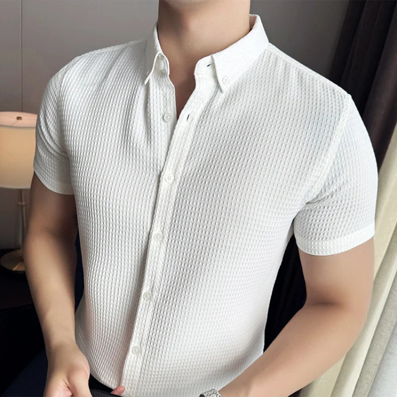 Hehope Summer Thin Men Shirts Breathable Waffle Short Sleeve Casual Business Dress Shirts Social Party Tuxedo Blouse Men Clothing 2024