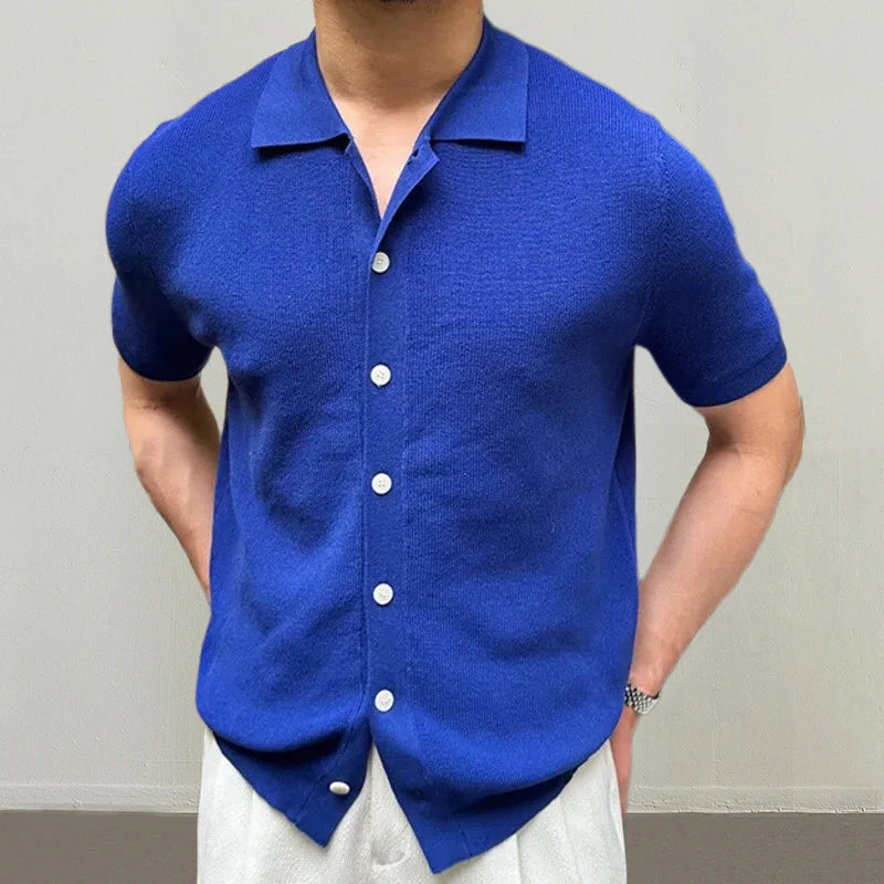 Hehope Leisure Knitting Mens Shirt Short Sleeve Button Turn-down Collar Houndstooth Knit Tops Beach Men Summer Casual Solid Color Tops