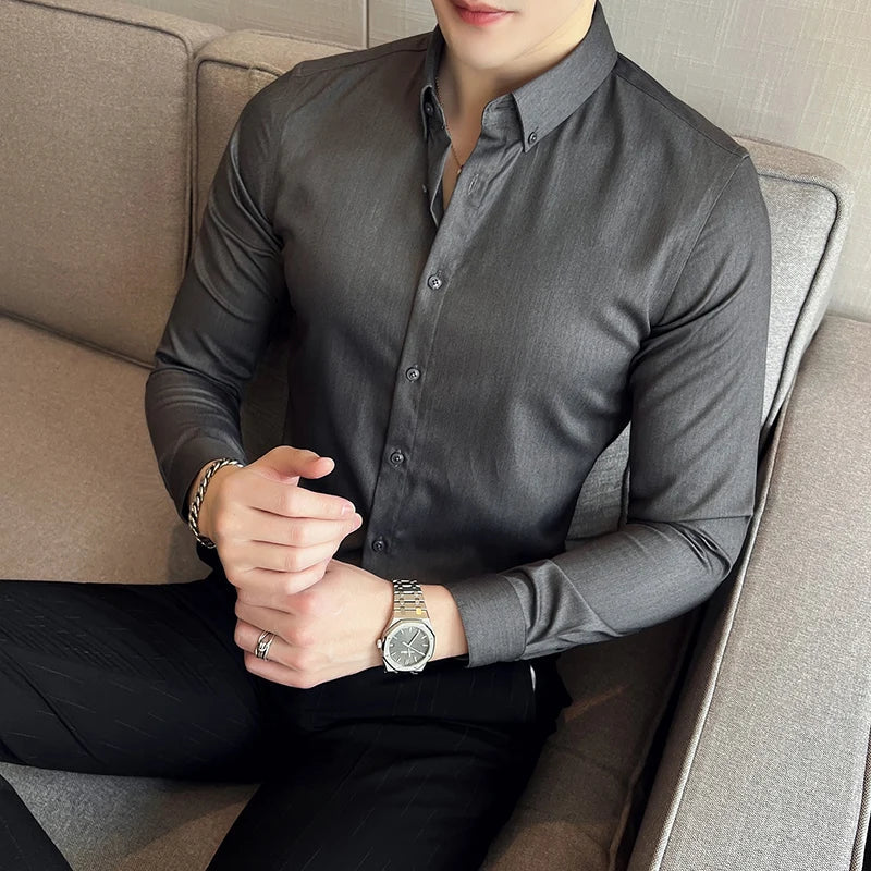 Hehope Longsleeve Shirts for Men Spring New High Quality Business Casual Stretch Slim Fit Solid Color Formal Shirts Mens Clothing