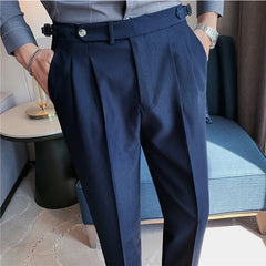 Hehope British Style Men High Waist Business Casual Dress Pants Spring Summer Fashion Social Belt Decoration Slim Fit Suit Pants