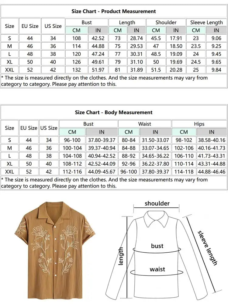 Hehope Shirts for Men Flower Plant Abstract Embroidery Turn-down Collar Short Sleeves Shirt Summer Vacation Tops