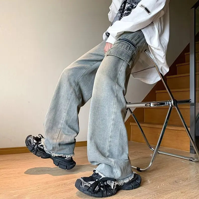 Hehope Autumn New Cargo Pants Streetwear Patchwork Jeans Wide Leg Pants Harajuku Casual Mopping Denim Pants Men Clothing Y2K