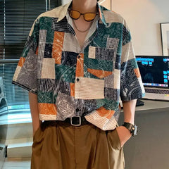 Hehope Summer Retro Artistic Hong Kong Style Casual Loose Oversized Lapel Striped Plaid Print Versatile Short Sleeved Shirt for Men