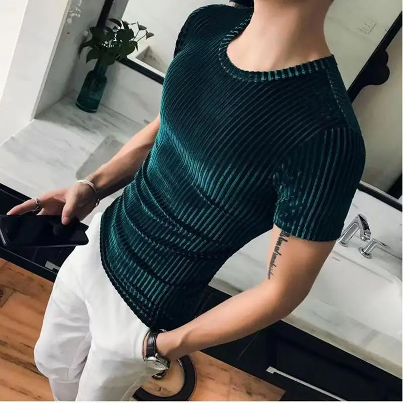 Hehope Fashion Summer Men Velvet T-Shirt Slim Solid Striped Casual O-neck TShirt Shorts Sleeve Tight Tees Top Club Costume Clothing 6XL