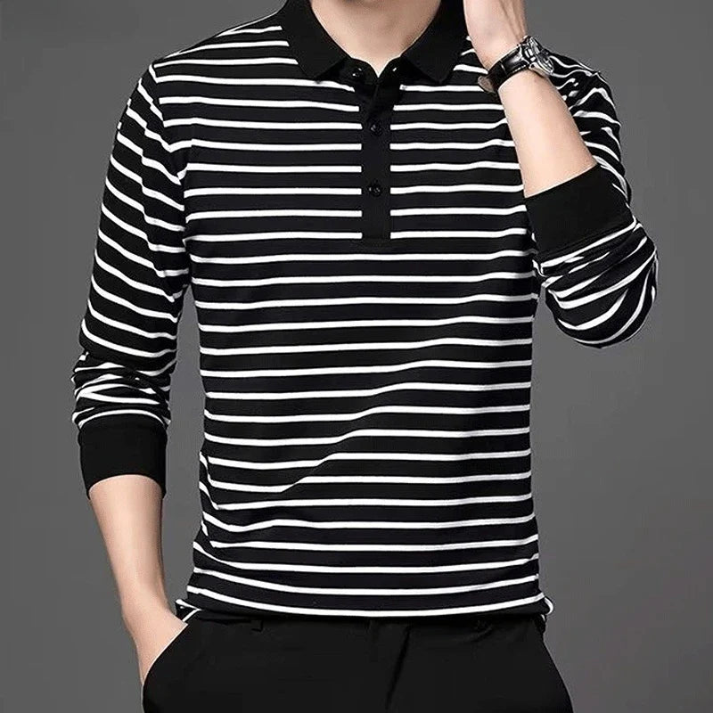 Hehope Men's Striped Long-sleeved T-shirt POLO Collar Spring/summer New Bottom Korean Version Slim Fitting Trend Stitching Button