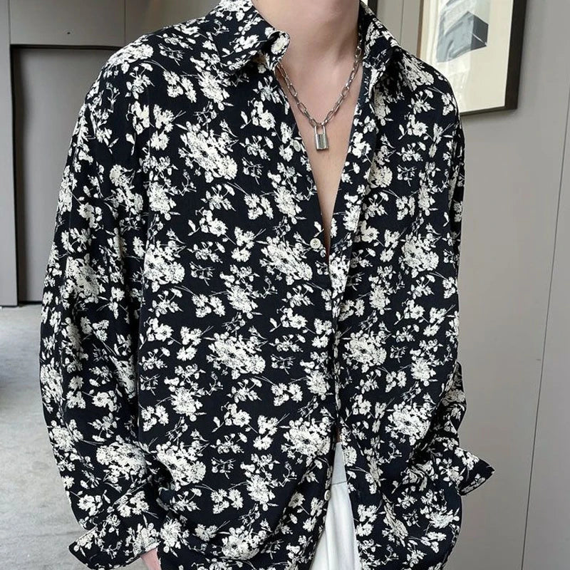 Hehope Printing Shirts Floral  Loose Temperament Fashionable Button Man Spring Summer Turn-down Collar Handsome Men's Clothing