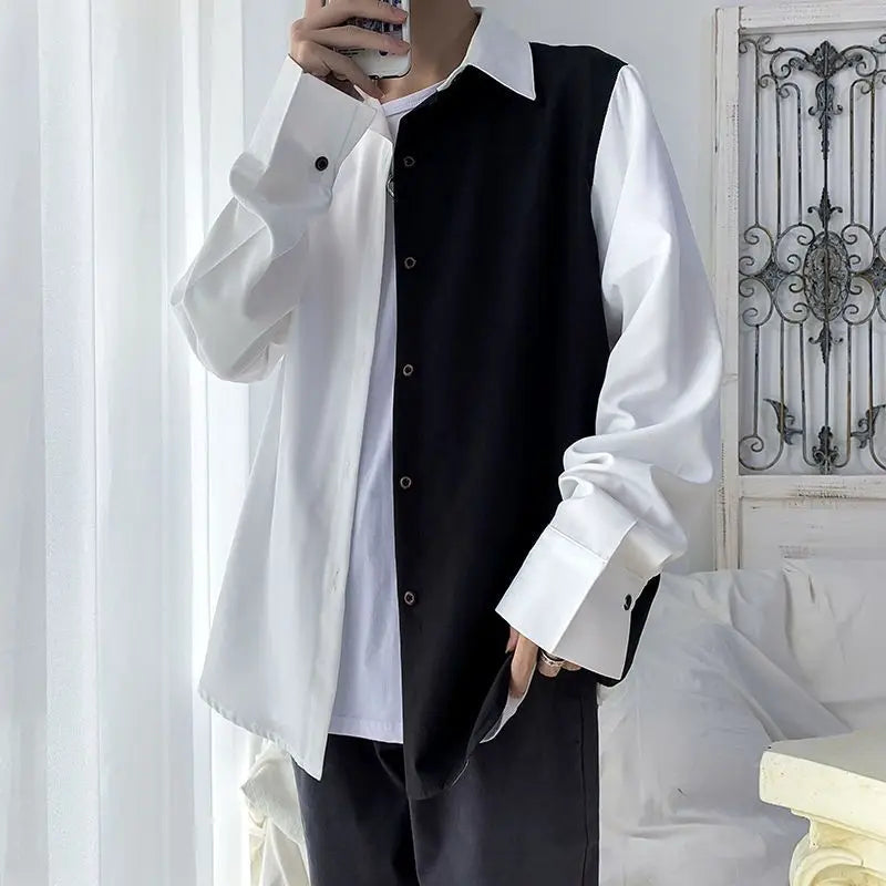 Hehope 2024 Spring and Autumn Korean Edition Trendy Black and White Spliced Korean Style Elegance High Grade Long Sleeved Shirt for Men